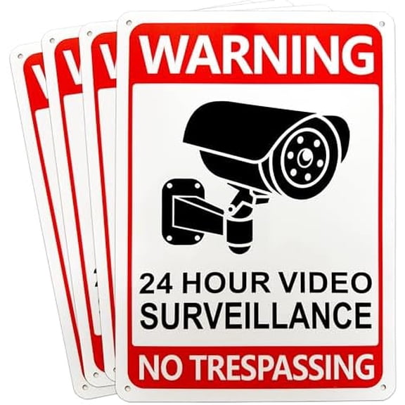 4-Pack Video Surveillance Signs Outdoor. No Trespassing Sign Private Property. Aluminum 10''x7'' - Security Camera Warning for House. Property Under Surveillance Notice$$Safety & Emergency