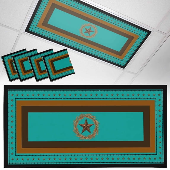 4 Pack Village Stars Fluorescent Light Covers for Ceiling Lights Turquoise Western Texas Star Wheat Ears Magnetic Ceiling Light Covers Overhead Light Filters for Office Classroom Home