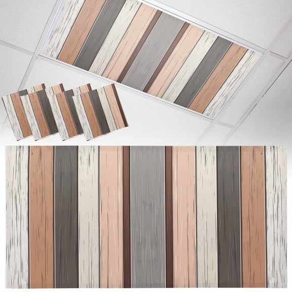 4 Pack Vintage Brown Beige Stripes Fluorescent Light Covers for Ceiling Lights Peeling Paint Effect Texture Magnetic Ceiling Light Covers Overhead Light Filters for Office Classroom Home