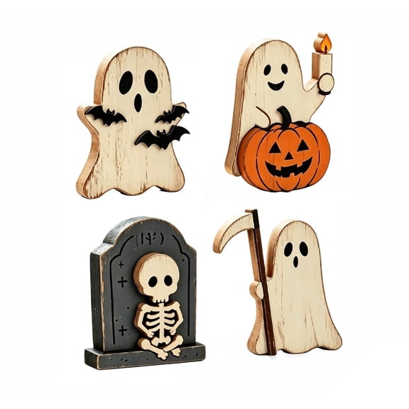 4 Pack Vintage Distressed Wooden Halloween Tabletop Signs Ghost Pumpkin Skeleton Tombstone Tiered Tray Decor Spooky Mini Wood Block Ornaments