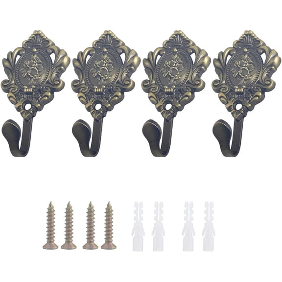 4 Pack Vintage Drapery Curtain Holdbacks Tieback Hooks 3D Flower Retro Ornate Style Rose Pattern Chic Key Hooks Holder Coat Rack Wall Mount Gold Vintage Hook for Hanging Coats (Bronze)