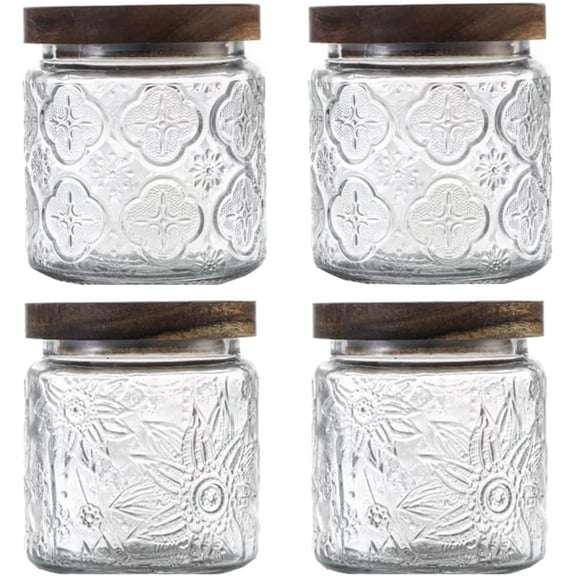 4 Pack Vintage Glass Storage Jar, 16.9 FL OZ Glass Canister Storage Jar Container with Airtight Wooden Lid for Kitchen Counter, Pantry, Coffee, Tea, Sugar, Cookie Jars (Begonia&Sunflower)