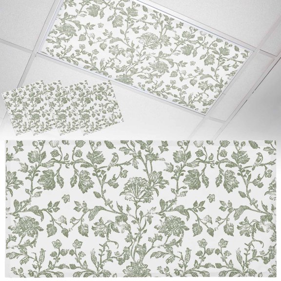 4 Pack Vintage Green Floral Fluorescent Light Covers for Ceiling Lights Farmhouse Flower Pastoral Style Magnetic Ceiling Light Covers Overhead Light Filters for Office Classroom Home