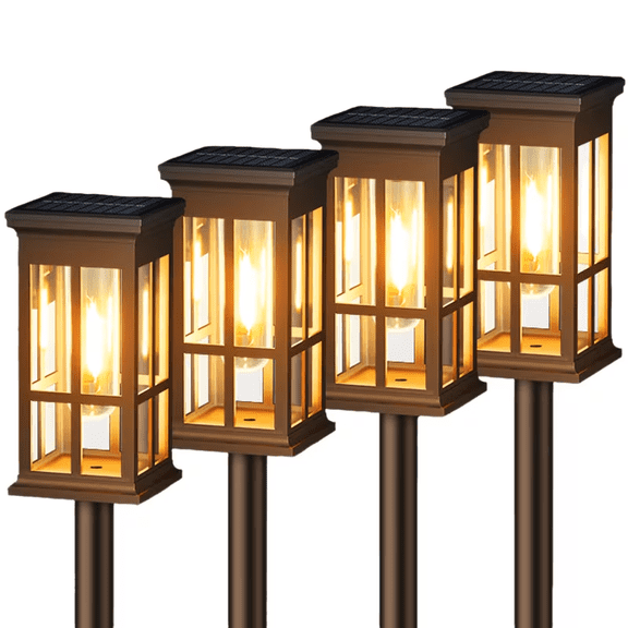 4 Pack Vintage Grid Solar Pathway Lights, Waterproof Solar Powered LED Lantern Stake Lights, Warm White Edison Bulb Outdoor Landscape Lighting for Garden Yard Walkway Driveway Patio Decor