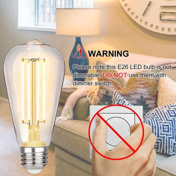 4 Pack Vintage LED Edison Bulbs, 6W Equivalent 60W, Non-Dimmable, Warm White 2700K, 800Lumens, ST58 Antique LED Filament Bulbs with 80+ CRI, E26 Base Shatterproof Clear Plastic Light Bulb.