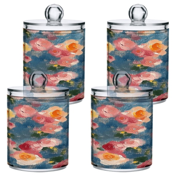 4 Pack Vintage Oil Painted Rose Qtip Holder Dispenser Clear Plastic Storage Apothecary Jars for Cotton Swabs Balls Pads Floss