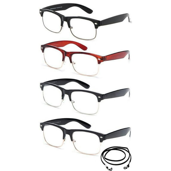 4 Pack Vintage Style Half Rim Large Size Rectangular Reading Glasses Comfortable Stylish Simple Reader for Men