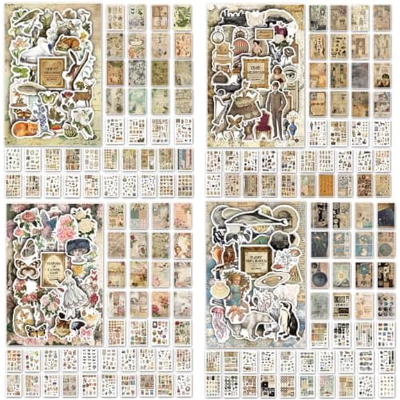 4 Pack Vintage Washi Stickers and Papers for Scrapbooking, 440 Sheets Ephemera Book for Art Journaling,Stickers and Decoupage Papers for Junk Journal