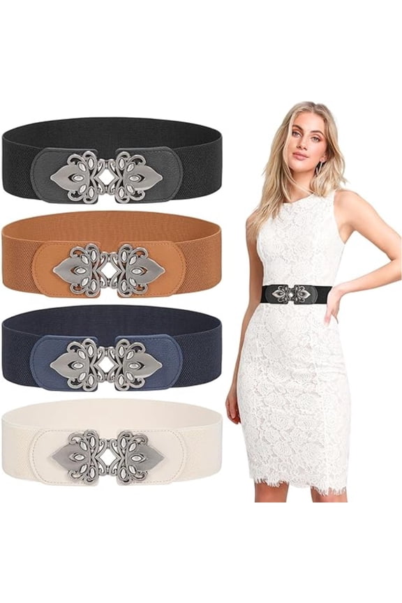 4 Pack Vintage Wide Elastic Belt for Women, Retro Stretch Waist Cincher with Alloy Buckle, High Waist Belt for Dresses, Jeans & Plus Size Wardrobe