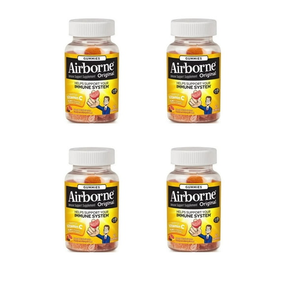 (4 Pack) Vitamin C 750mg - Airborne Assorted Fruit Flavored Gummies (63 count in a bottle), Gluten-Free Immune Support Supplement with Echinacea and Ginger, Packaging May Vary