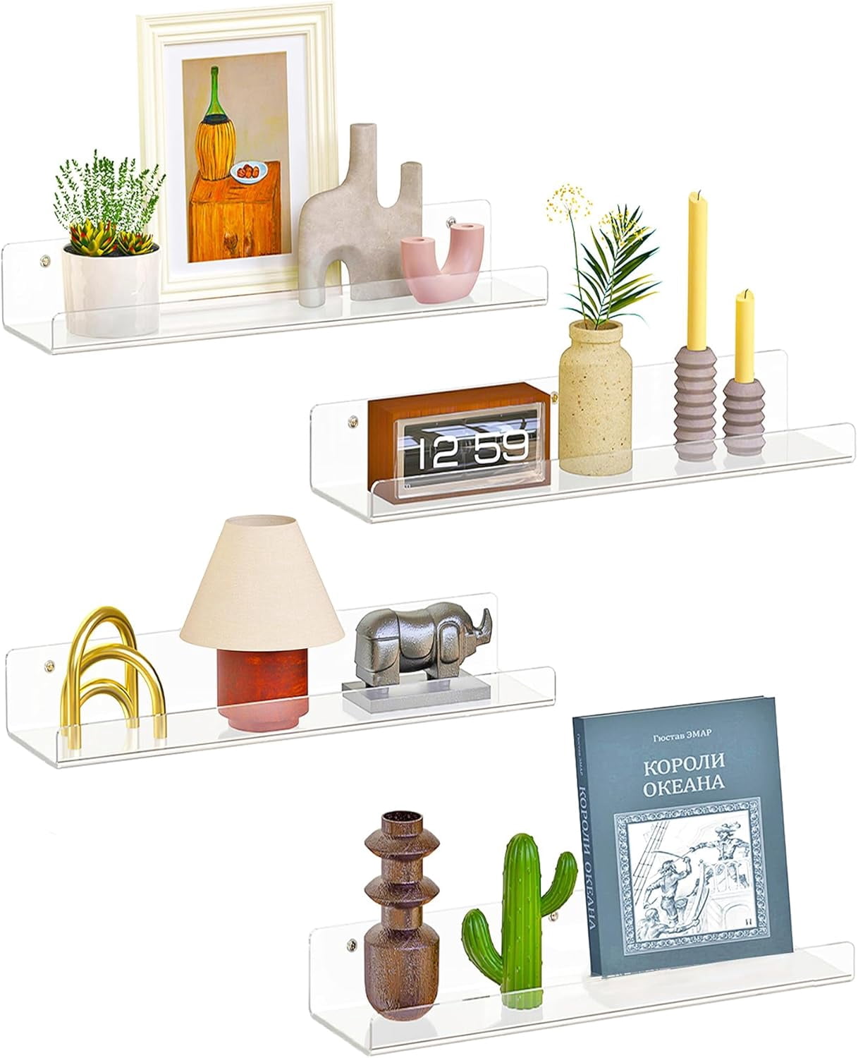 4 Pack for Wall, 15" Clear Book Shelf, Acrylic Floating Wall Shelf ...