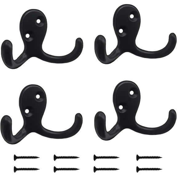 4 Pack Wall Hooks Wall Mounted Coat Hooks for Hanging Heavy Duty, Black Towel Hooks, Metal Double Coat Hanger with Screws Cup Retro for Coats, Handbags, Towels, Hat