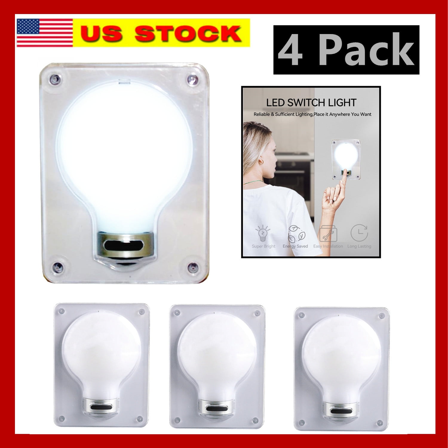 4 Pack Wall LED Light Switch Wireless Night Bulb Closet Self Stick ...