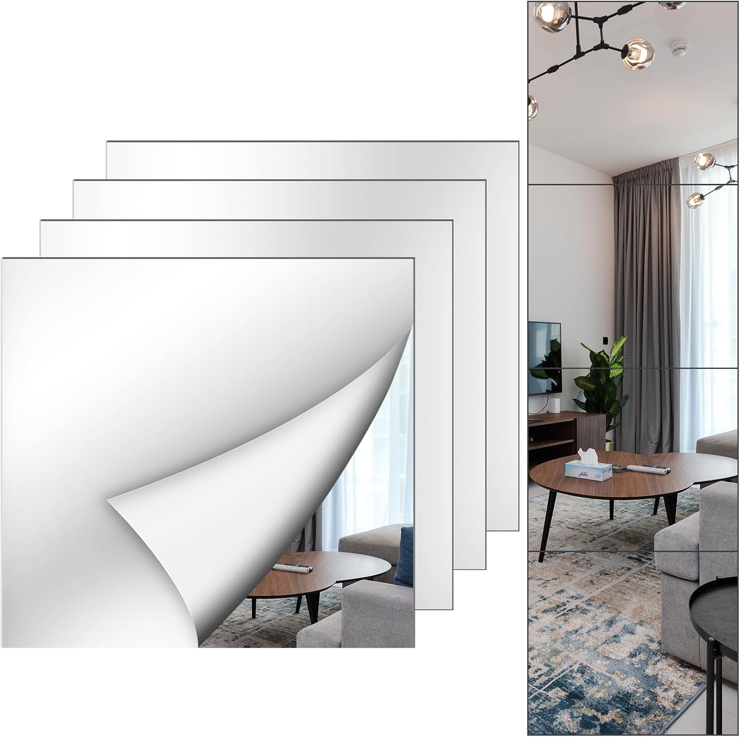 4 Pack Wall Mirror Full Length, 12 x 12 Inch Acrylic Mirror Tiles ...