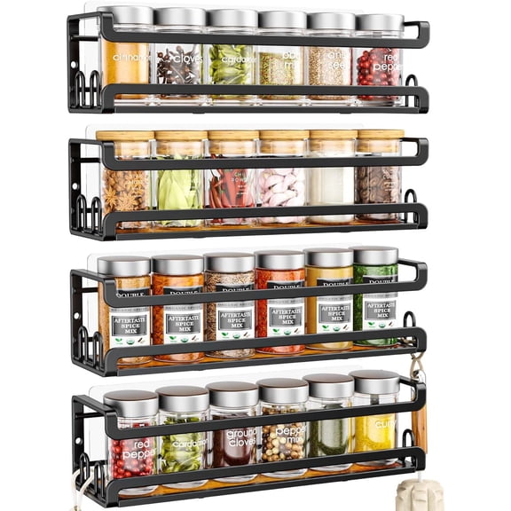 4 Pack Wall Mount Spice Rack with 16 Hooks,Hanging Spice Rack Organizer for Stove Cabinet Pantry Door, Screw or Adhesive Wooden Spice Shelf for Kitchen and RV Camper, Black