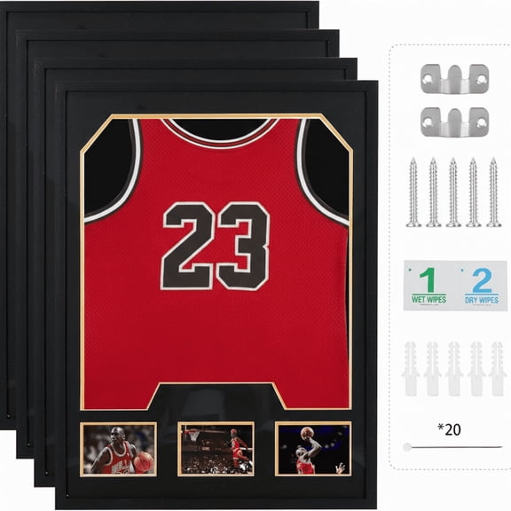 4 Pack Wall Mounted Jersey Frame Display Case with Picture Slots, 98% UV Protection Jersey Shadow Box Display Case for Football, Basketball, Soccer, Baseball & All Sports Collectibles