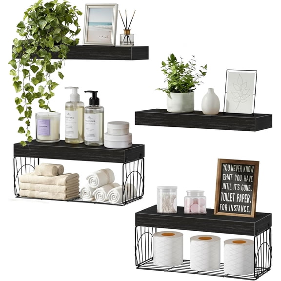 4 Pack Wall Mounted Rustic  Floating Shelves with 2 iron  Baskets, Bathroom Shelves Over Toilet, Toilet Paper Storage, Farmhouse Decor  Shelf for Living Room, Kitchen, 16 inch, Black
