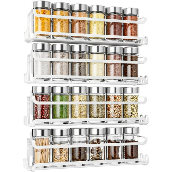 4-Pack Wall-Mounted Spice Rack with 16 Hooks, Adjustable Spice Organizer for Cabinet or Pantry Door, Adhesive or Screw Installation, Kitchen and RV Use, White