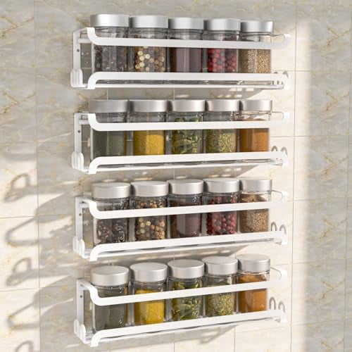 4 Pack Wall Mounted Spice Rack with 16 Hooks, Spice Organizer Shelf for ...