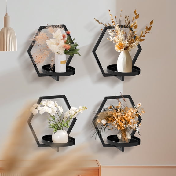 4 Pack Wall Planters for Indoor Plants, Geometric Metal Wall Plant Holder Set, Modern Hexagon Wall Planter & Hanging Shelf for Living Room, Bedroom, Outdoor Decor (Black)