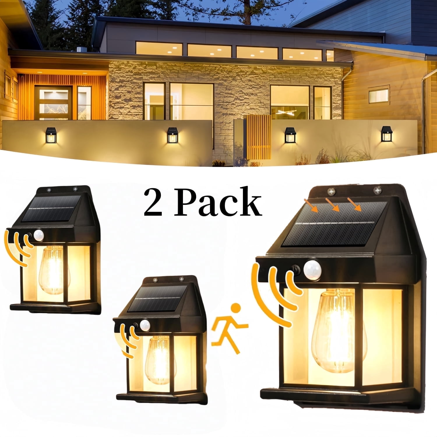 2 Pack Outdoor Light Fixture Solar Wall Light, Motion Sensor Outdoor Porch Light with 3 Lighting Modes, 270° Lighting Angle, Black for Front Door Garden Yard