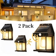 PEUHOP 2 Pack Black Solar Motion Sensor Outdoor Lights, Waterproof Wall Lights, Warm White Porch Lights with 3 Modes for Front Door, Patio and Yard