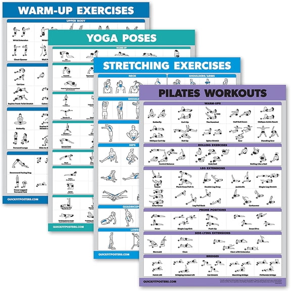 4 Pack - Warm Up & Yoga Workouts + Stretching & Pilates Exercises - Set of 4 Laminated Charts (18" x 24")