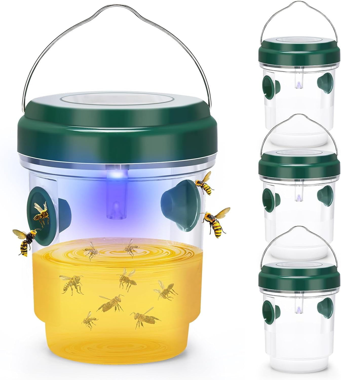4 Pack Wasp Traps Outdoor Hanging, Solar Bee Trap for Outside with LED Light, Reusable Solar Powered Insect Traps for Garden, Patio, Porch, Backyard, Green