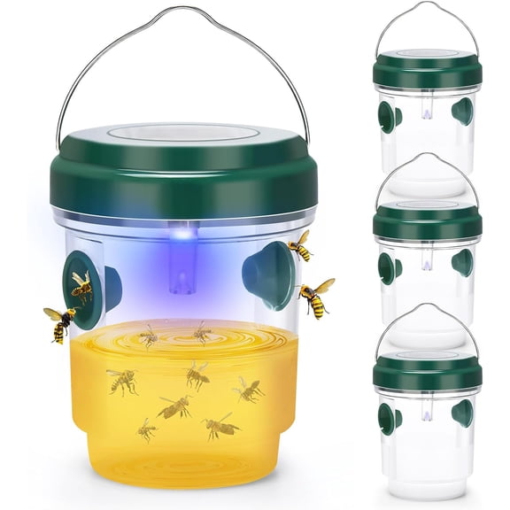 4 Pack Wasp Traps Outdoor Hanging, Solar Bee Trap for Outside with LED Light, Reusable Solar Powered Insect Traps for Garden, Patio, Porch, Backyard, Green