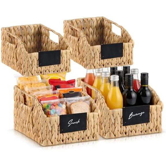 4 Pack Water Hyacinth Pantry Organizers, Wicker Storage Basket with Handles Chalkboard Labels Marker, Woven Storage Baskets for Shelves Kitchen Bedroom Bathroom$$Home Decor, Kitchen, & Other