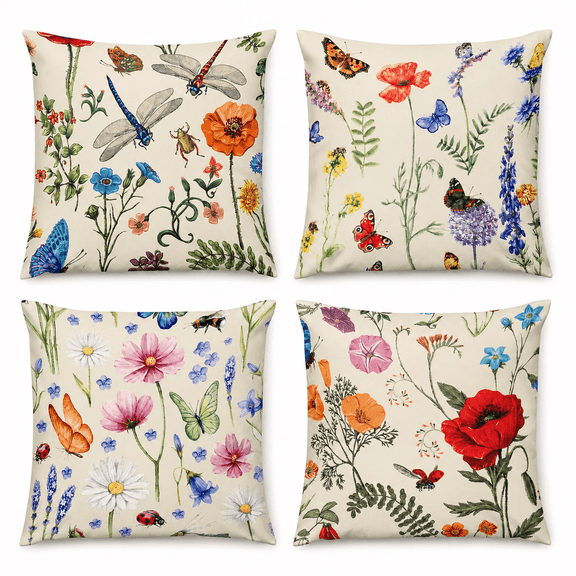 4 Pack Watercolor Floral & Insect Pillow Covers, Vintage Botanical Butterfly Throw Pillow Cases, Cottagecore Decorative Cushion Covers for Sofa, Bedroom, Living Room 18x18 Inch (Cover Only)