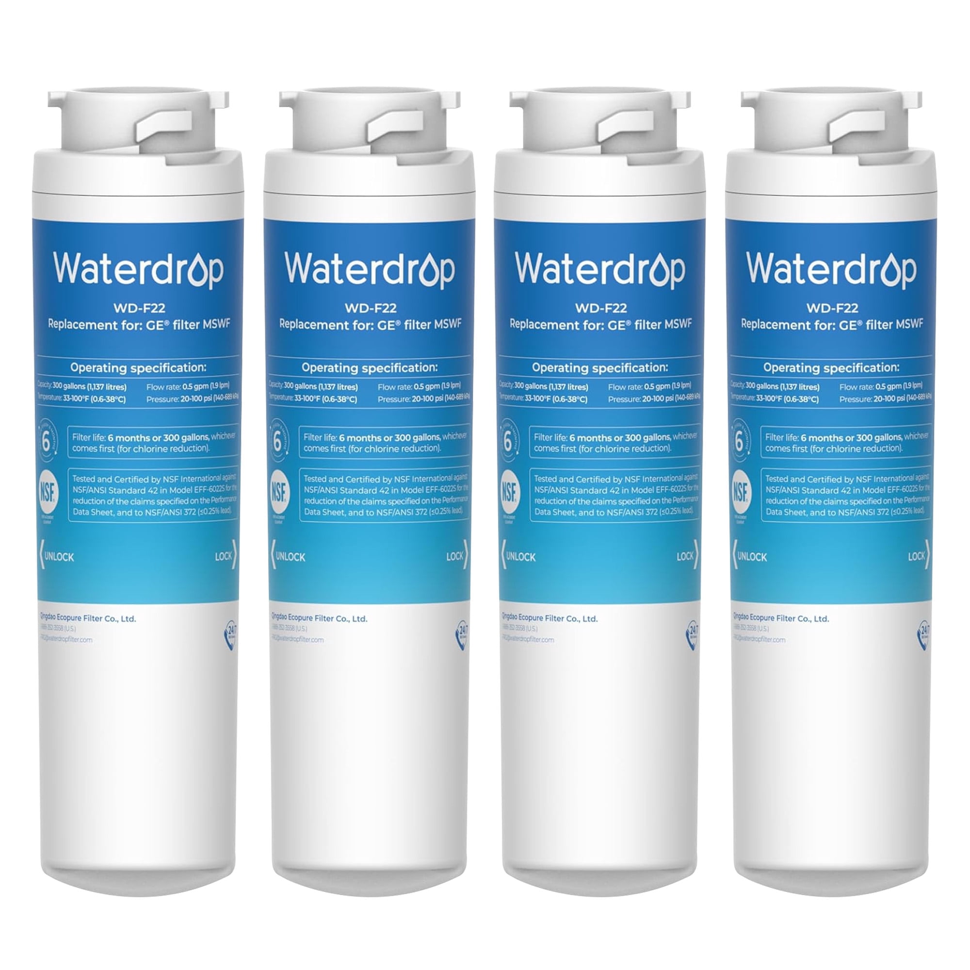 Waterdrop MSWF Refrigerator Water Filter, Replacement for GE® MSWF, 101820A, 101821B, RWF1500A, NSF 42&372 Certified, Pack of 4 (Package May Vary)