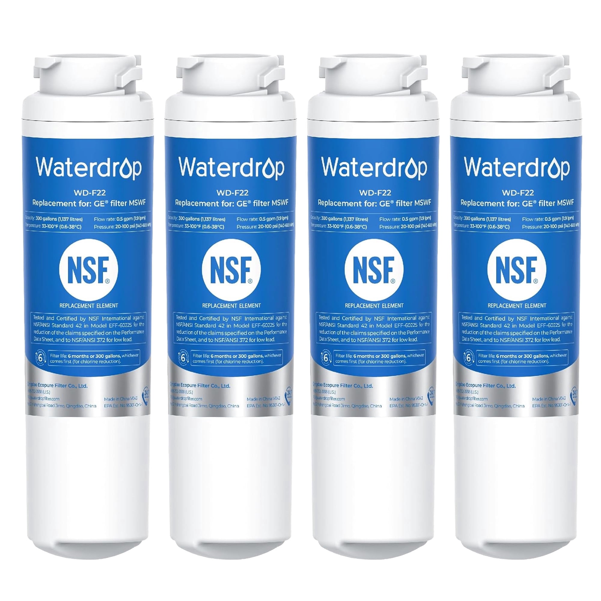 Waterdrop MSWF Refrigerator Water Filter, Replacement for GE® MSWF, 101820A, 101821B, RWF1500A, NSF 42&372 Certified, Pack of 4 (Package May Vary)
