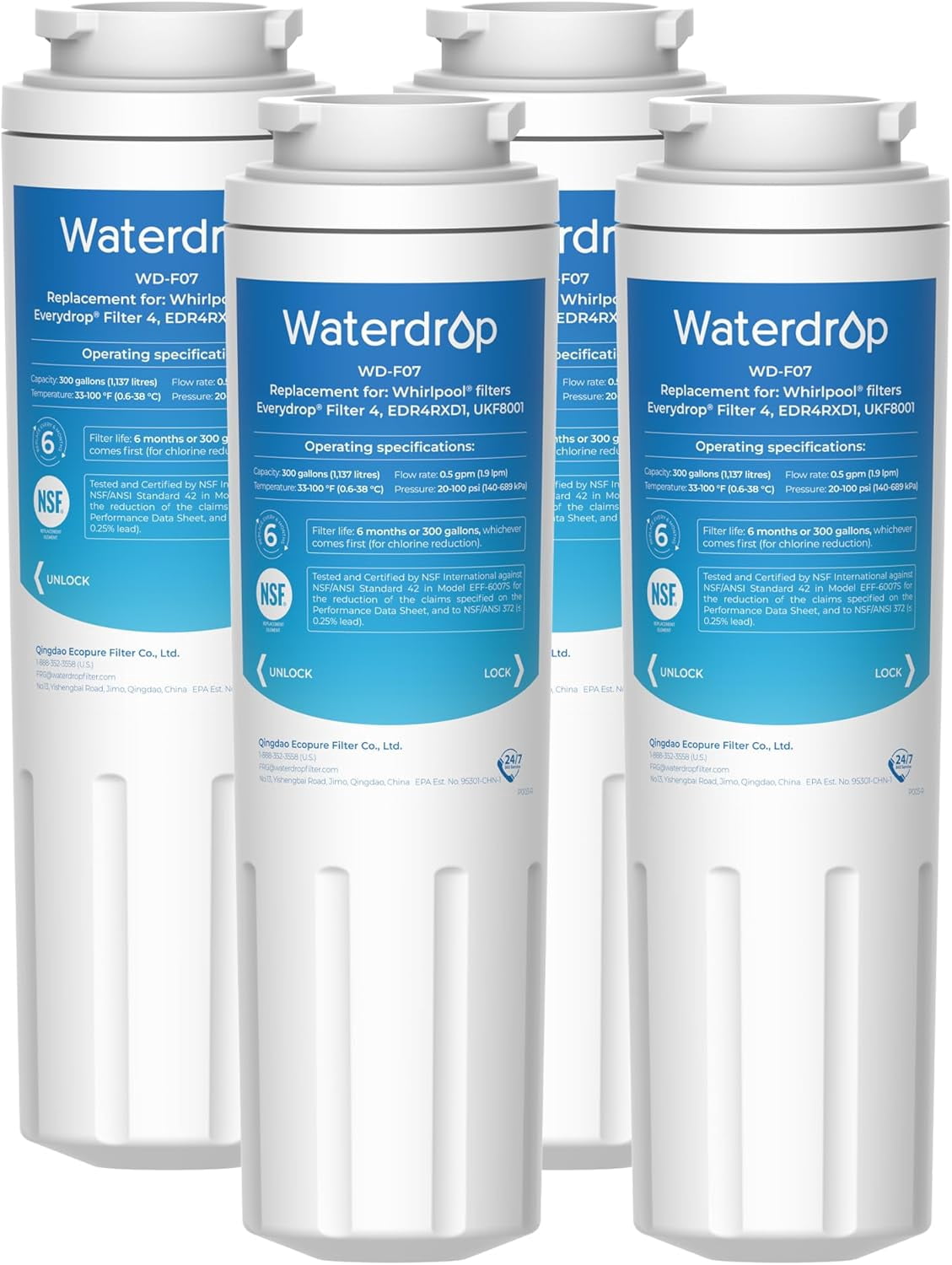 Waterdrop UKF8001 Replacement for Whirlpool UKF8001AXX-750 water filter Refrigerator Water Filter (Pack of 4)