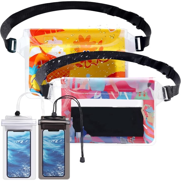 4 Pack Waterproof Fanny Pack with Waist Strap Waterproof Phone Pouch Dry Bag for Kayaking Pool Swimming Boating Beach Fishing Travel Diving Surfing (Hawaii, 2 Fanny Pack + 2 Pouch Bag)