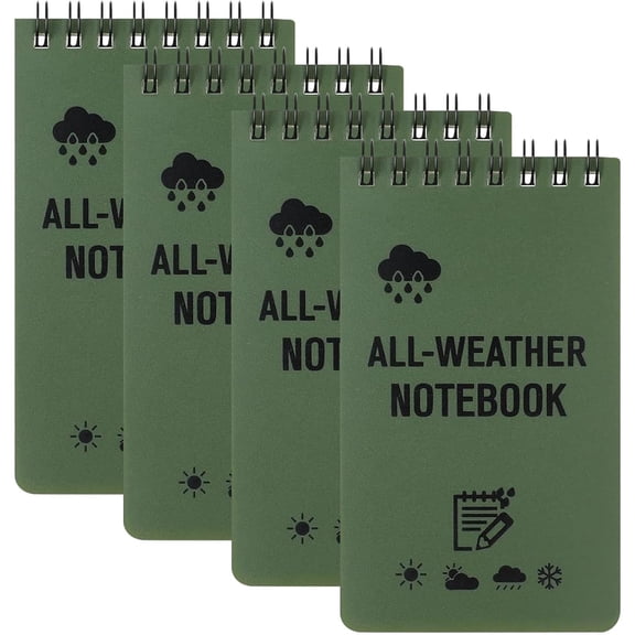 4 Pack Waterproof Notebook, 3x5 Inch Pocket Notepad - Military Green, Grid Pages, Top-Spiral, All-Weather Writing Pad for Outdoor, Tactical Use