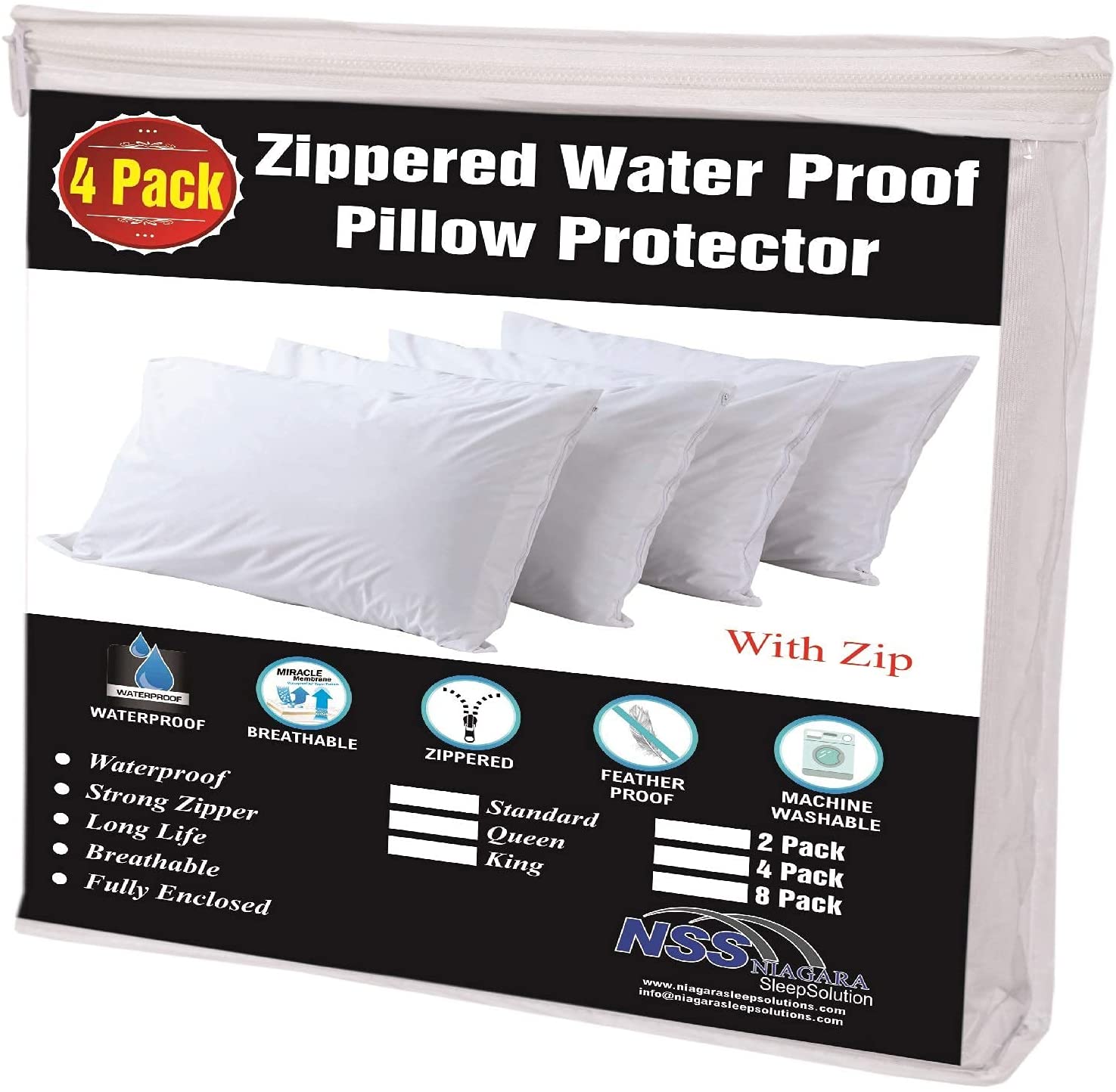 4 Pack Waterproof Pillow Protectors King 20x36 Inches Smooth Zipper