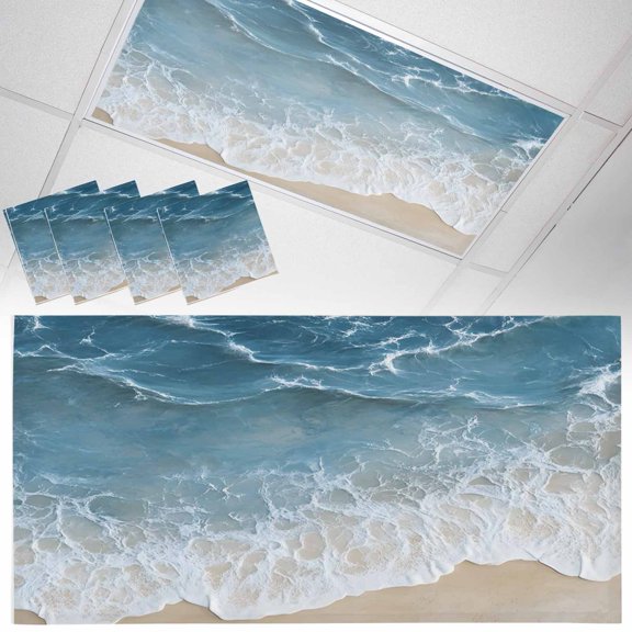 4 Pack Wave Effect Modern Art Fluorescent Light Covers for Ceiling Lights Abstract Blue Beach Magnetic Ceiling Light Covers Overhead Light Filters for Office Classroom Home