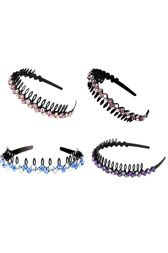 4 Pack Wave Rhinestone Teeth Comb Headbands for Women, Flower Crystal Hairband Hair Hoop with Teeth Non-Slip Hard Plastic