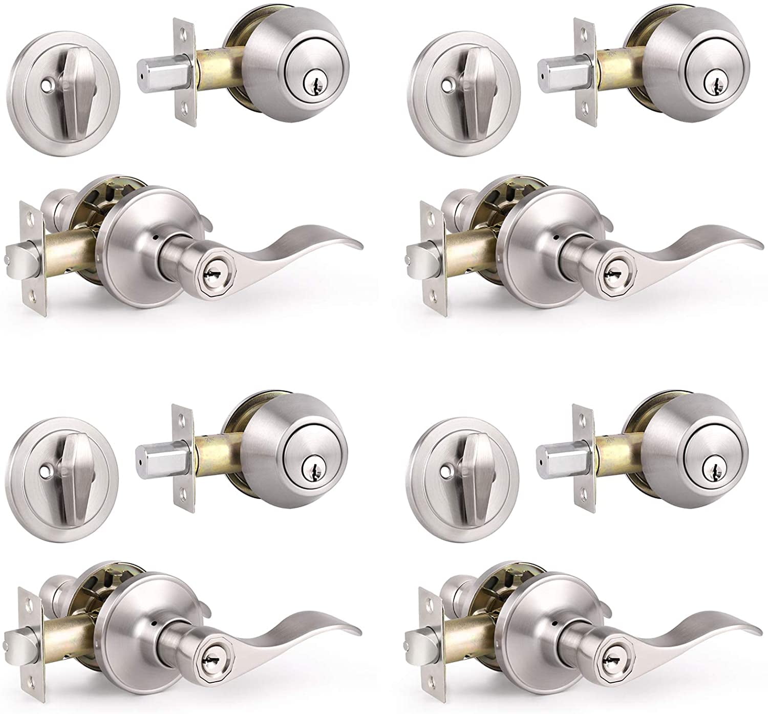 4 Pack Wave Style Entry Door Levers with Single Cylinder Deadbolt, All