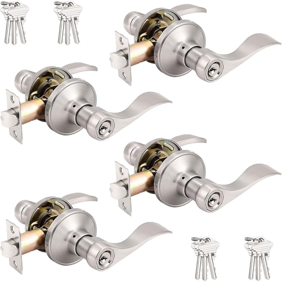 4 Pack Wave Style Keyed Alike Entry Levers, Keyed Reversible Door Handles with Lock and Same Keys, Exterior Interior Entry Locks in Satin Nickel Finish