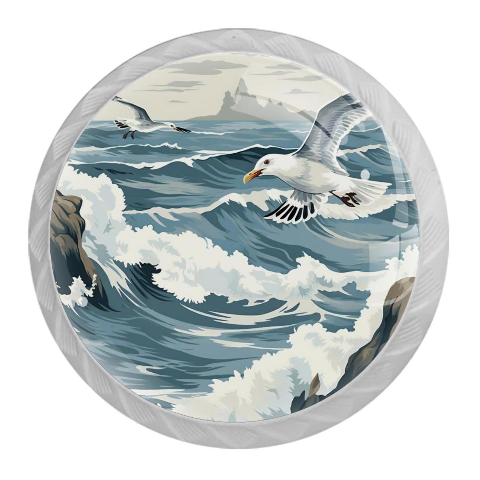 4 Pack Waves and Seagulls Drawer Knobs Round Shaped Crystal Glass 35mm ...