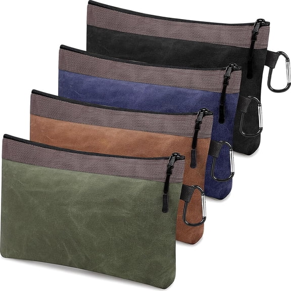 4 Pack Waxed Canvas Pouch 13 Inch Tool Bags Large Heavy Duty Canvas Zipper Tool Pouch Durable Water Resistant Multipurpose Organizer Storage for Men Gifts Outworking Fishing Hunting