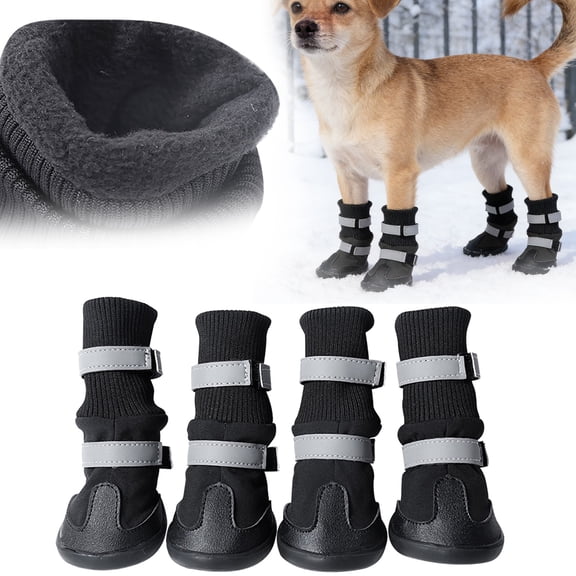 4-Pack All Weather Dog Boots, Reflective Waterproof Pet Shoes with Non-Slip Sole & Adjustable Straps, for Small Medium Large Dogs, Black/Red/Blue, Black