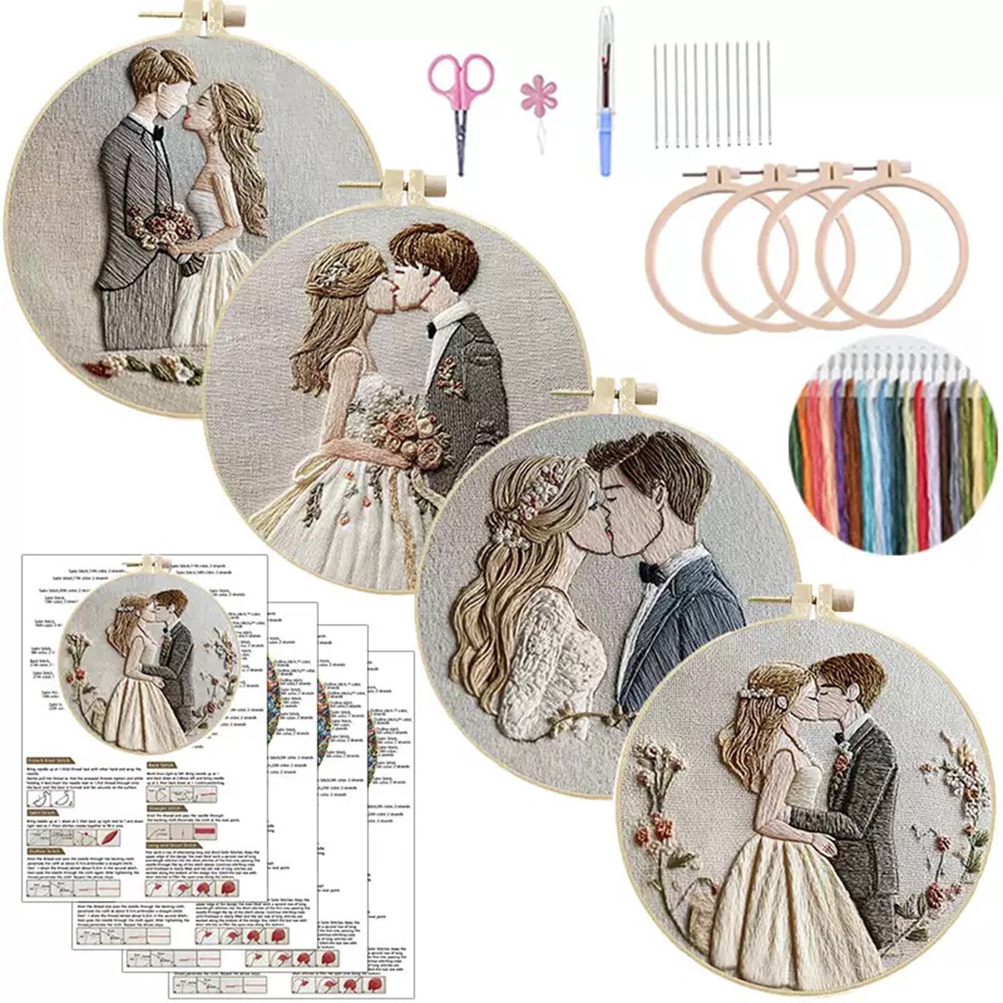 4‑Pack Wedding Embroidery Kits for Newlyweds DIY Cross Stitch Kit Bride & Groom Kissing Design Hoops Threads Patterns Gift Set