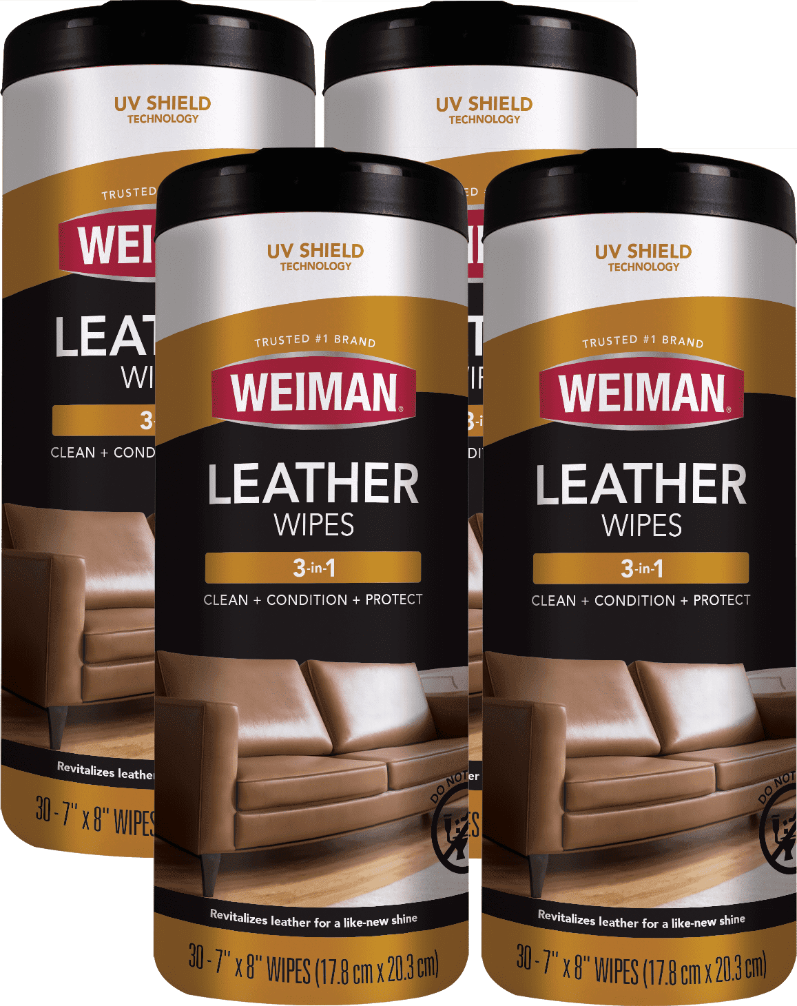 4 Pack Weiman Leather Wipes - Clean Condition & Protect Leather Couches, Car Interiors, Bags and Shoes