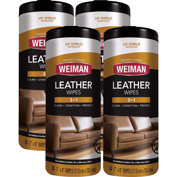 4 Pack Weiman Leather Wipes - Clean Condition & Protect Leather Couches, Car Interiors, Bags and Shoes