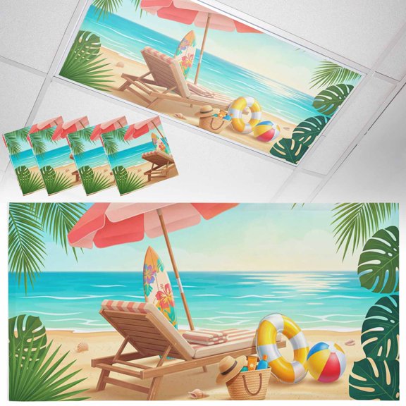 4 Pack Welcome Summer Beach Fluorescent Light Covers for Ceiling Lights Coastal Watercolor Ocean Sky Palm Trees Lounger Magnetic Ceiling Light Covers Overhead Light Filters for Office Classroom Home