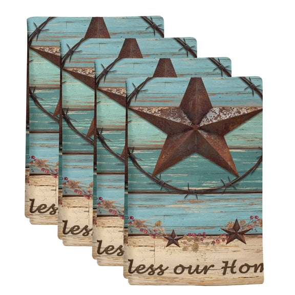 4 Pack Western Texas Star Kitchen Towels Retro Turquoise Wooden Rustic Farmhouse Decorative Dish Towel Sets Absorbent Quick Dry Hand Cloths Tea Towels for Cooking Baking Farmhouse Gifts 18x28in