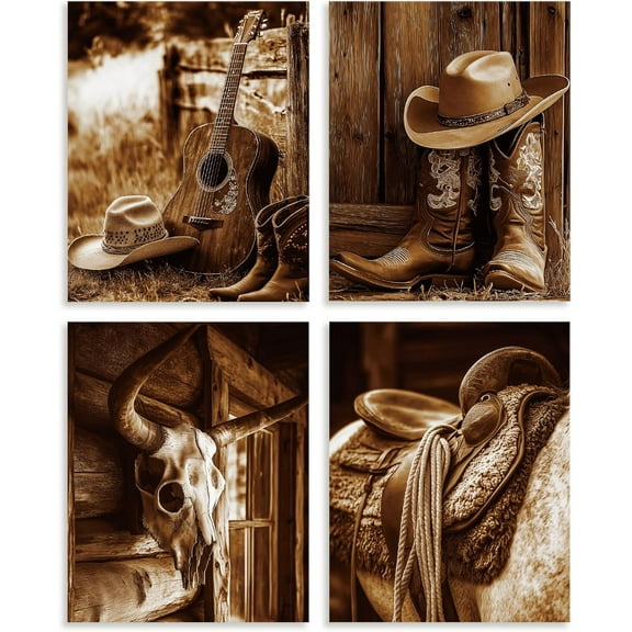 4 Pack Western Unframed Waterproof Canvas Wall Art Decor 8" x 10" Cowboy Hat Boots Guitar and Cow Canvas Wall Poster for Farmhouse Home Office Bathrooms Living Room Decor Mixed Color 1set